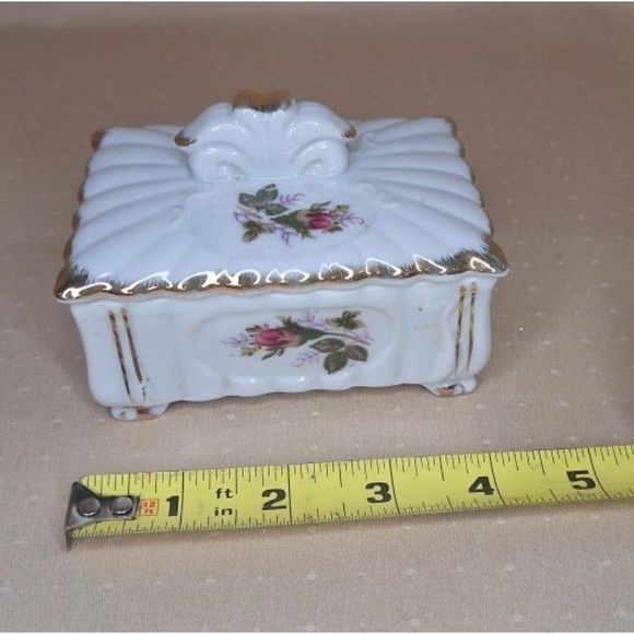 Rose Lidded Trinket Dish Vintage Porcelain 4" x 3" Gold Trimmed - Picture 3 of 6